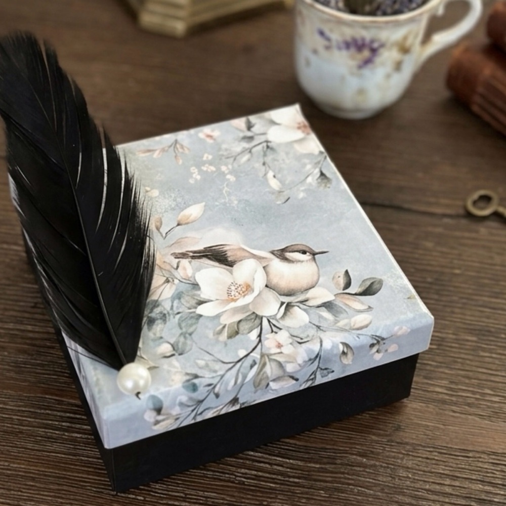 Hand crafted feather and bird motif wooden trinket box